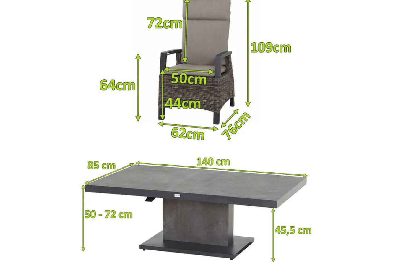 SIENA GARDEN Corido/Bellani Grau Gartenlounge, charcoal/anthrazit/grau, Alu/Gardino®-Geflecht, Lifttisch 140x85 cm, 4 Dining Move Sessel