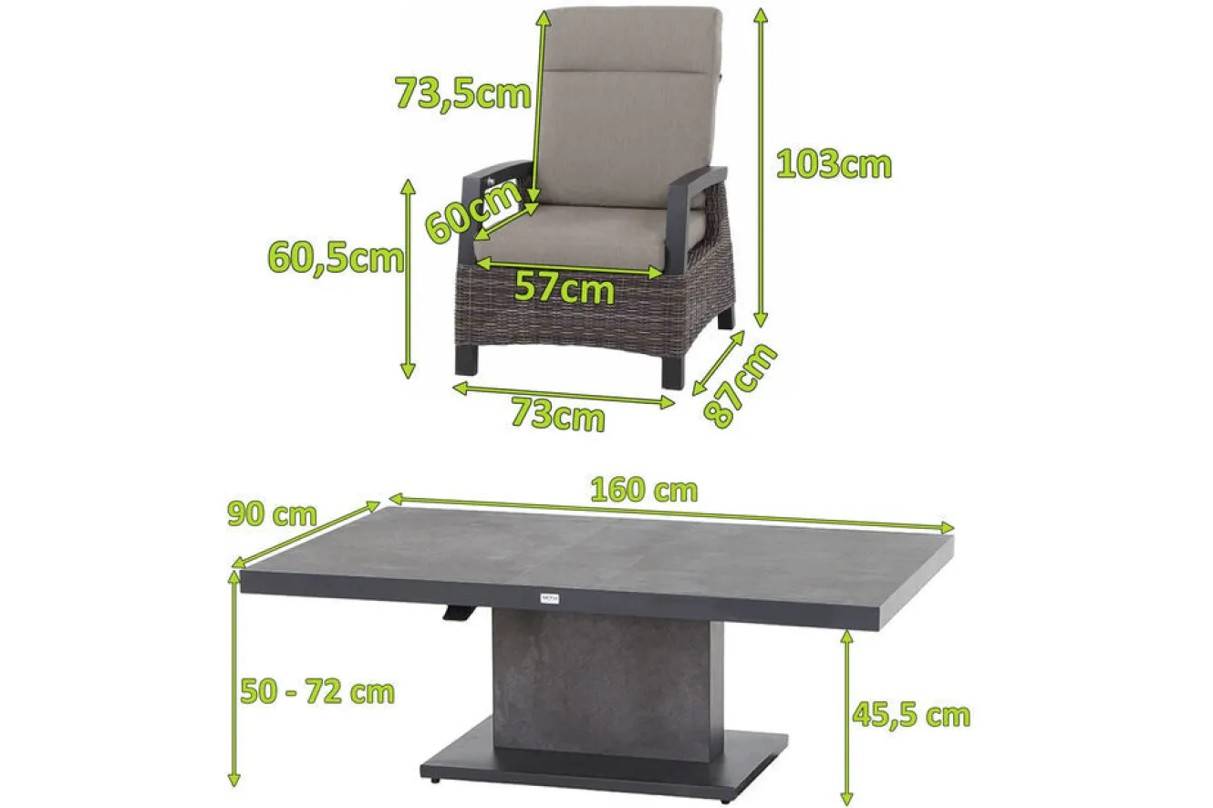 SIENA GARDEN Corido/Bellani Grau Gartenlounge, charcoal/anthrazit/grau, Alu/Gardino®-Geflecht, Lifttisch 160x90 cm, 6 Loungesessel