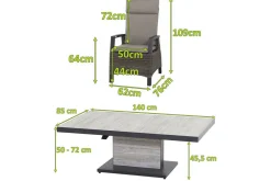 SIENA GARDEN Corido/Bellani Pinie Gartenlounge, charcoal/anthrazit/pinie-grau, Alu/Keramik/Gardino®-Geflecht, Lifttisch 140x85 cm, 4 Dining Move Sessel