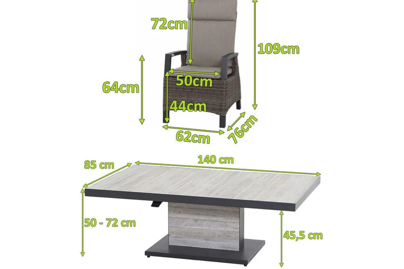 SIENA GARDEN Corido/Bellani Pinie Gartenlounge, charcoal/anthrazit/pinie-grau, Alu/Keramik/Gardino®-Geflecht, Lifttisch 140x85 cm, 4 Dining Move Sessel