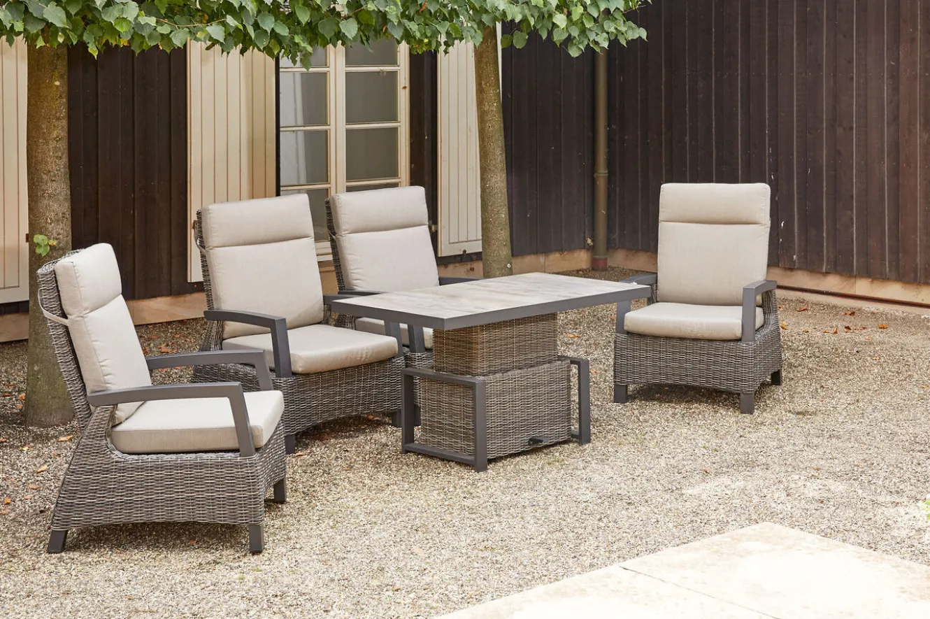 SIENA GARDEN Corido Garten-Essgruppe, charcoal, Alu / Gardino®-Geflecht, 4 Loungesessel, stufenloser Lifttisch 130x75x47-71cm