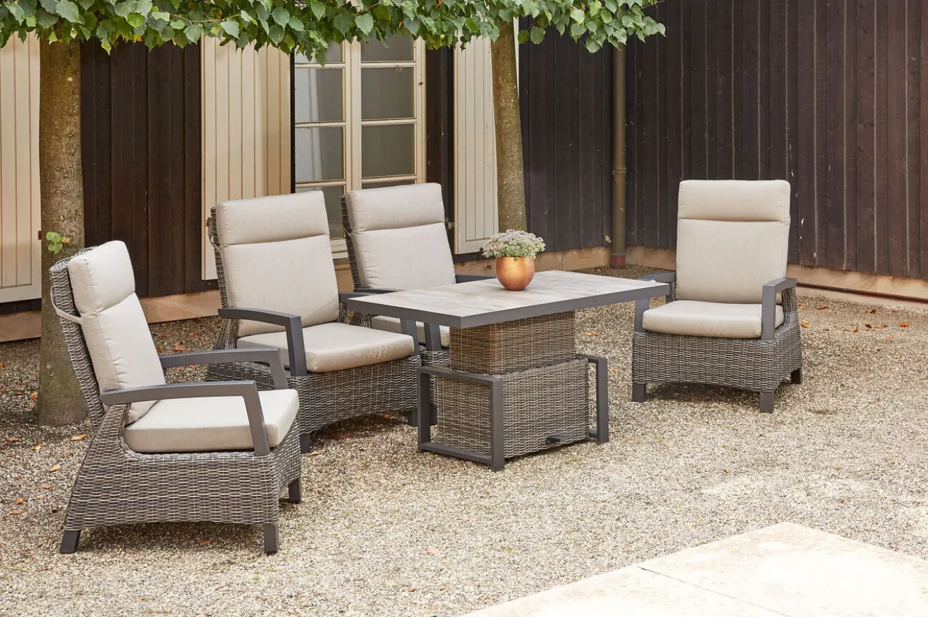 SIENA GARDEN Corido Garten-Essgruppe, charcoal, Alu / Gardino®-Geflecht, 4 Loungesessel, stufenloser Lifttisch 130x75x47-71cm