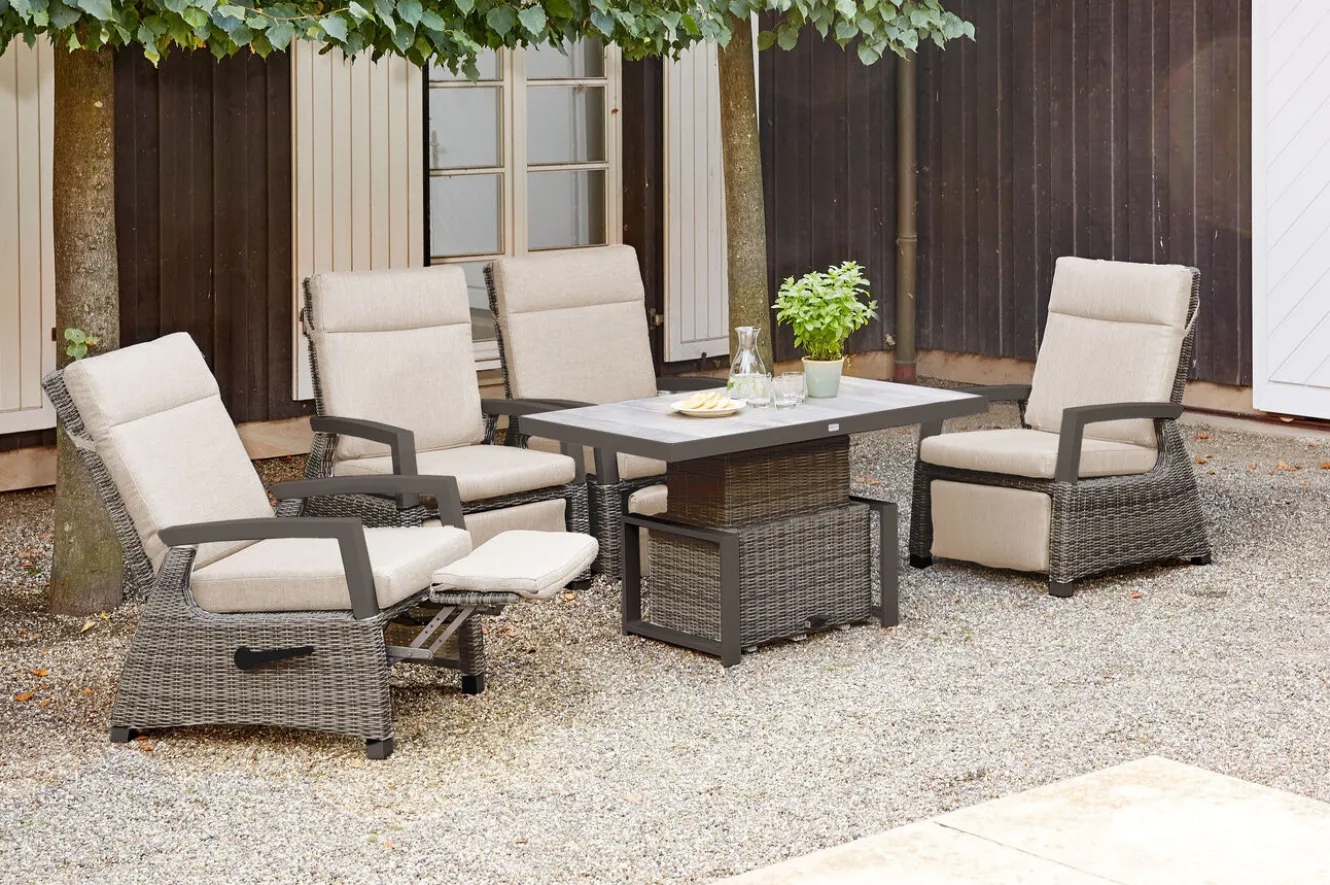 SIENA GARDEN Corido Garten-Essgruppe, charcoal, Alu / Gardino®-Geflecht, 4 Relaxsessel, stufenloser Lifttisch 130x75x47-71cm
