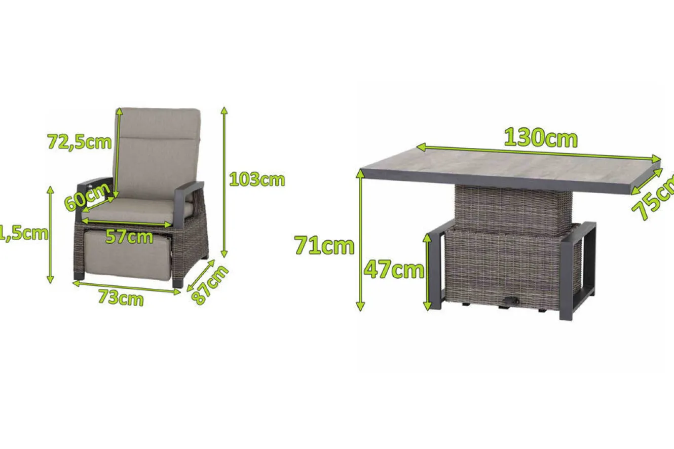 SIENA GARDEN Corido Garten-Essgruppe, charcoal, Alu / Gardino®-Geflecht, 4 Relaxsessel, stufenloser Lifttisch 130x75x47-71cm