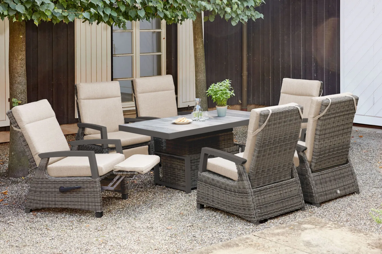 SIENA GARDEN Corido Garten-Essgruppe, charcoal, Alu / Gardino®-Geflecht, 6 Relaxsessel, stufenloser Lifttisch 160x90x47-71cm