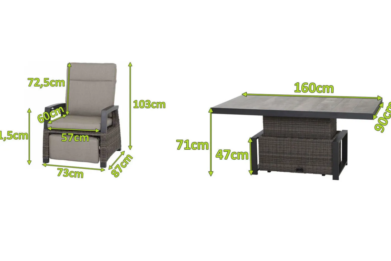 SIENA GARDEN Corido Garten-Essgruppe, charcoal, Alu / Gardino®-Geflecht, 6 Relaxsessel, stufenloser Lifttisch 160x90x47-71cm