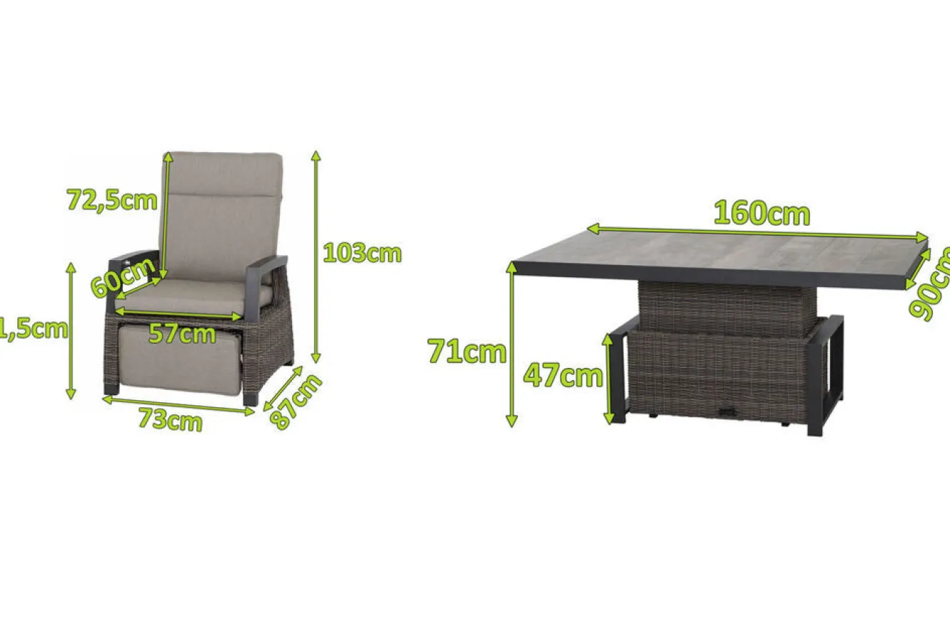 SIENA GARDEN Corido Garten-Essgruppe, charcoal, Alu / Gardino®-Geflecht, 6 Relaxsessel, stufenloser Lifttisch 160x90x47-71cm
