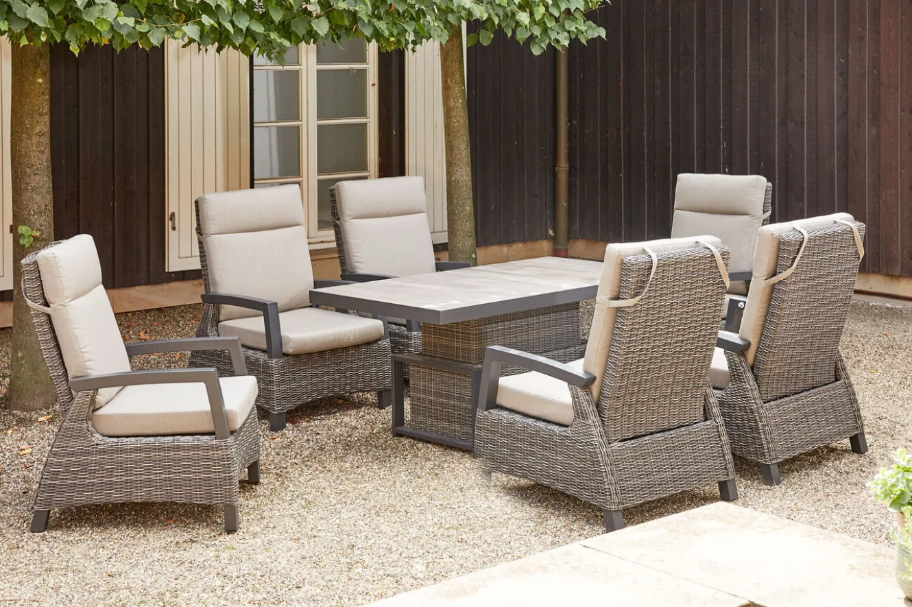 SIENA GARDEN Corido Garten-Essgruppe, charcoal, Alu / Gardino®-Geflecht, 6 Loungesessel, stufenloser Lifttisch 160x90x47-71cm