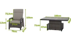 SIENA GARDEN Corido Garten-Essgruppe, charcoal, Alu / Gardino®-Geflecht, 6 Loungesessel, stufenloser Lifttisch 160x90x47-71cm