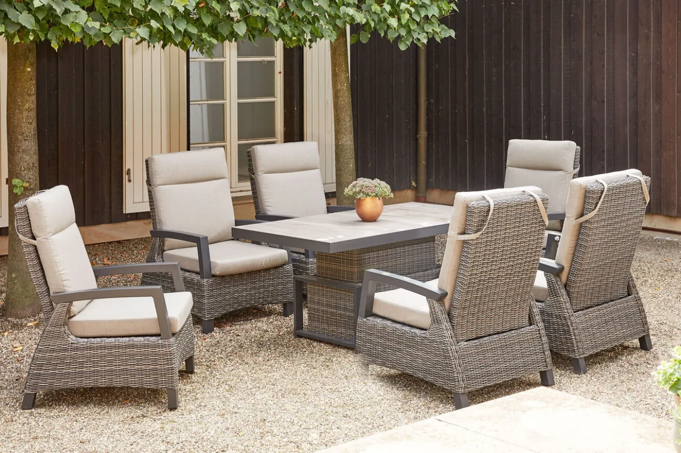 SIENA GARDEN Corido Garten-Essgruppe, charcoal, Alu / Gardino®-Geflecht, 6 Loungesessel, stufenloser Lifttisch 160x90x47-71cm
