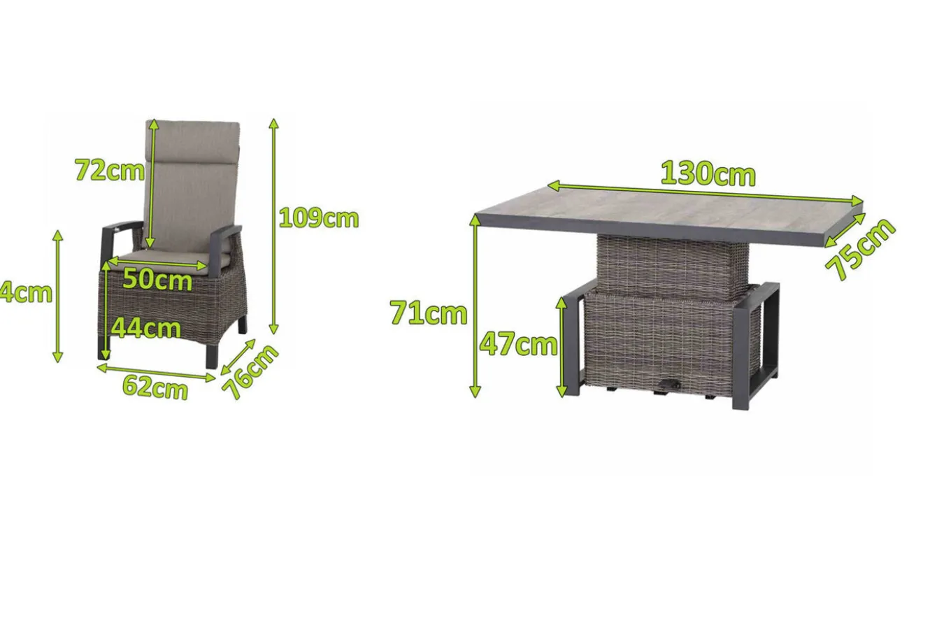 SIENA GARDEN Corido Garten-Essgruppe, charcoal, Alu / Gardino®-Geflecht, 4 Diningsessel, stufenloser Lifttisch 130x 75 x 47-71 cm