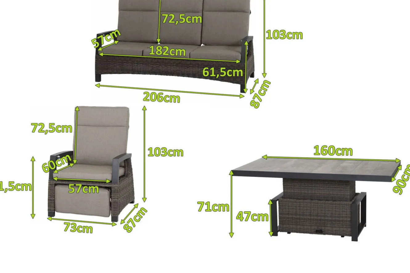 SIENA GARDEN Corido Gartenlounge, charcoal, Alu/Gardino®-Geflecht, 2 Relaxsessel + 3er Sofa, stufenloser Lifttisch 160x90x47-71cm