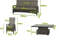 SIENA GARDEN Corido Gartenlounge, charcoal, Alu/Gardino®-Geflecht, 2 Diningsessel + 3er Sofa, stufenloser Lifttisch 160x90x47-71cm