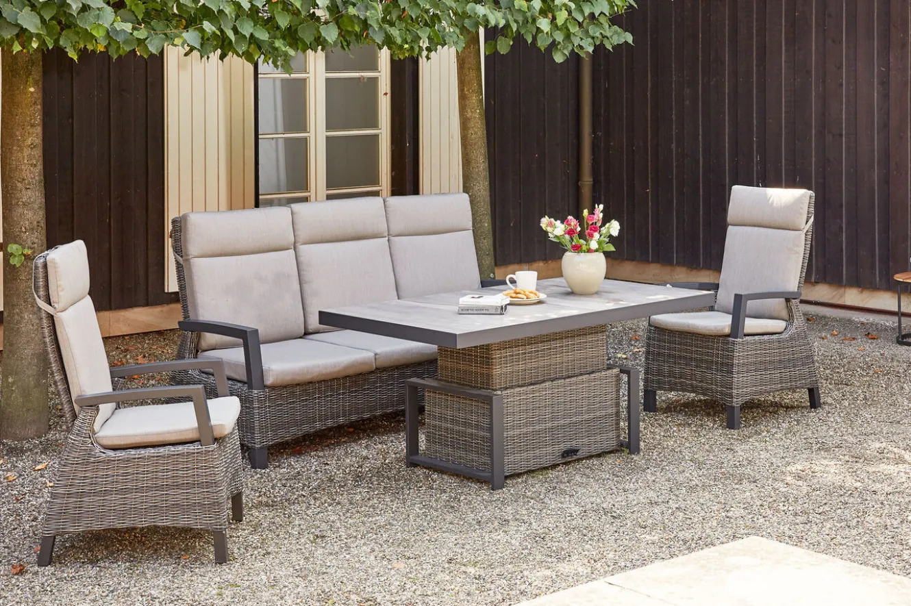 SIENA GARDEN Corido Gartenlounge, charcoal, Alu/Gardino®-Geflecht, 2 Diningsessel + 3er Sofa, stufenloser Lifttisch 160x90x47-71cm