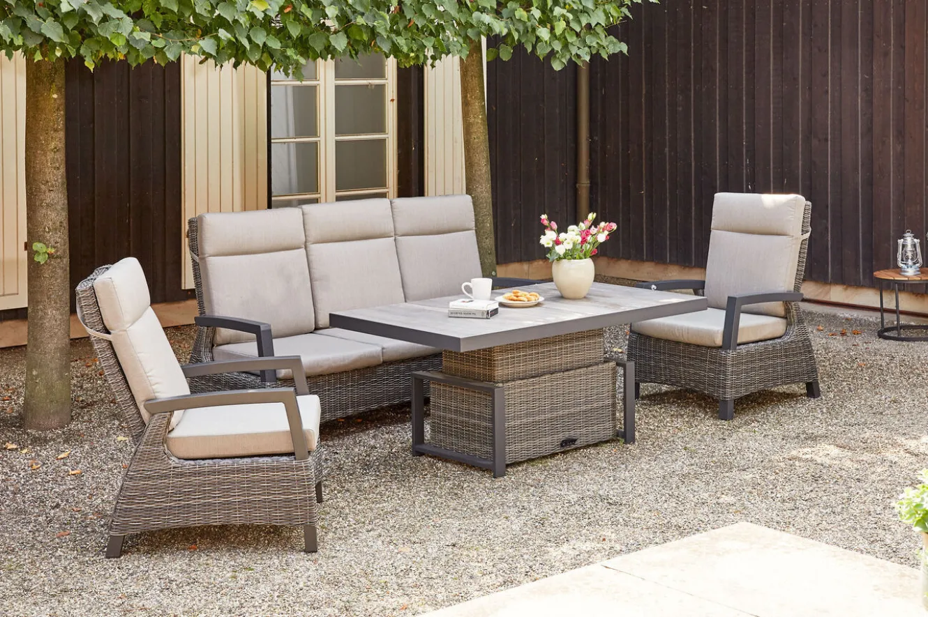 SIENA GARDEN Corido Gartenlounge, charcoal, Alu/Gardino®-Geflecht, 2 Loungesessel + 3er Sofa, stufenloser Lifttisch 160x90x47-71cm