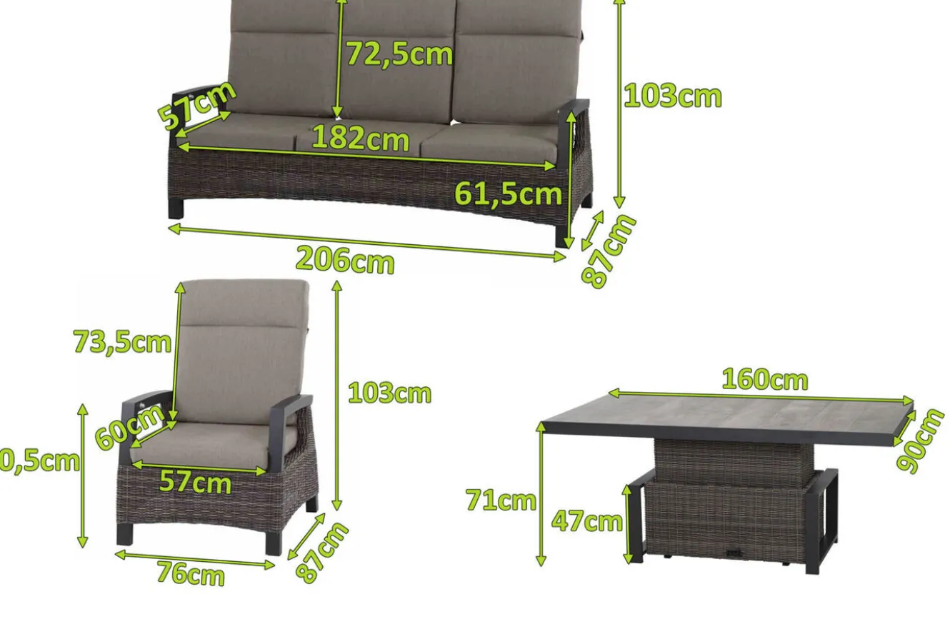 SIENA GARDEN Corido Gartenlounge, charcoal, Alu/Gardino®-Geflecht, 2 Loungesessel + 3er Sofa, stufenloser Lifttisch 160x90x47-71cm
