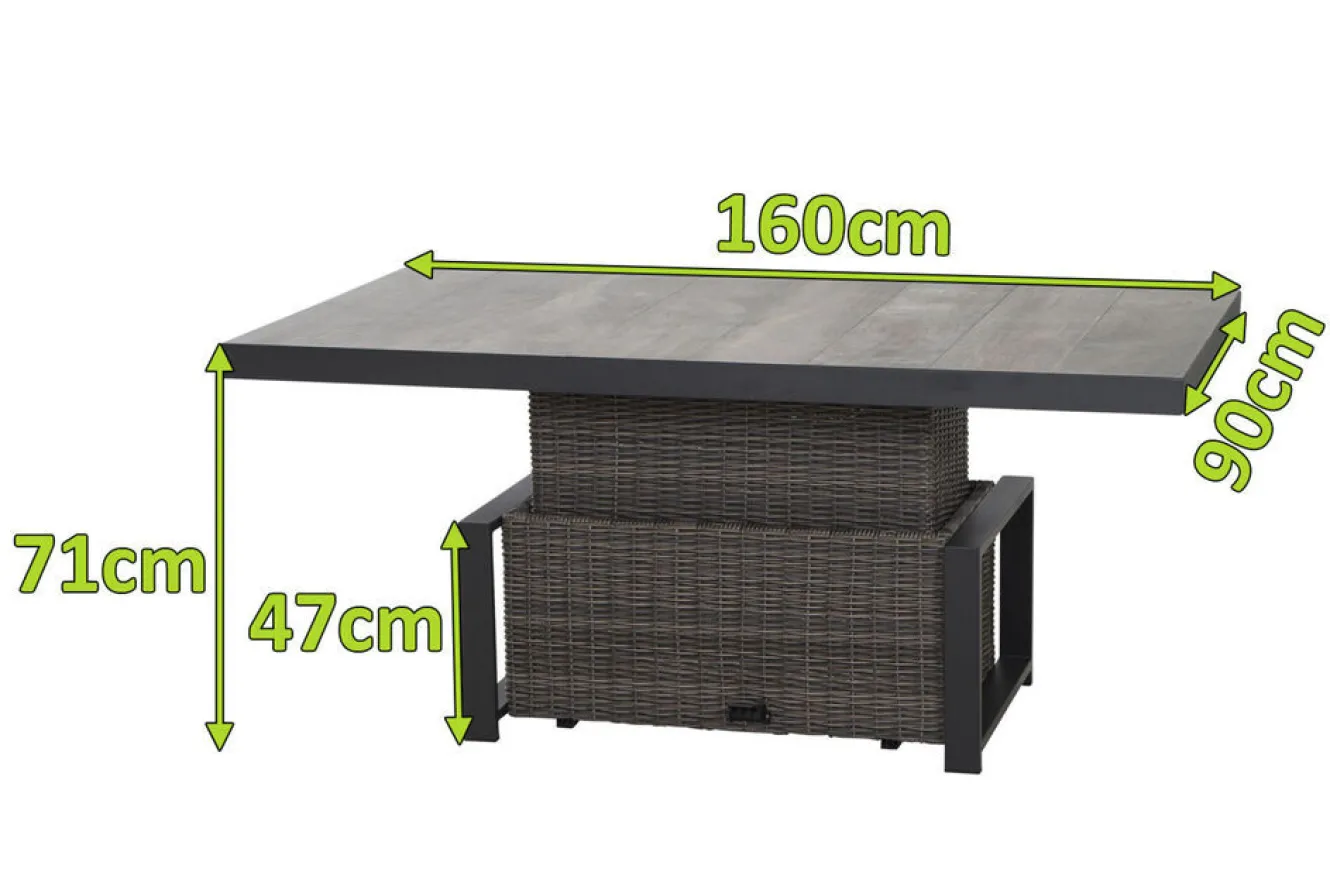 SIENA GARDEN Corido Lifttisch, charcoal, Alu/Gardino®-Geflecht, 160 x 90 cm, höhenverstellbar