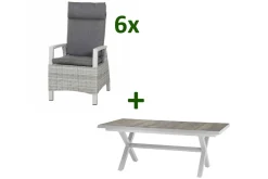 SIENA GARDEN Corido/Sincro Garten-Essgruppe, ice grey/weiß grau, Alu/Gardino®-Geflecht/Keramik, Ausziehtisch 200/260x100 cm, 6 Diningsessel