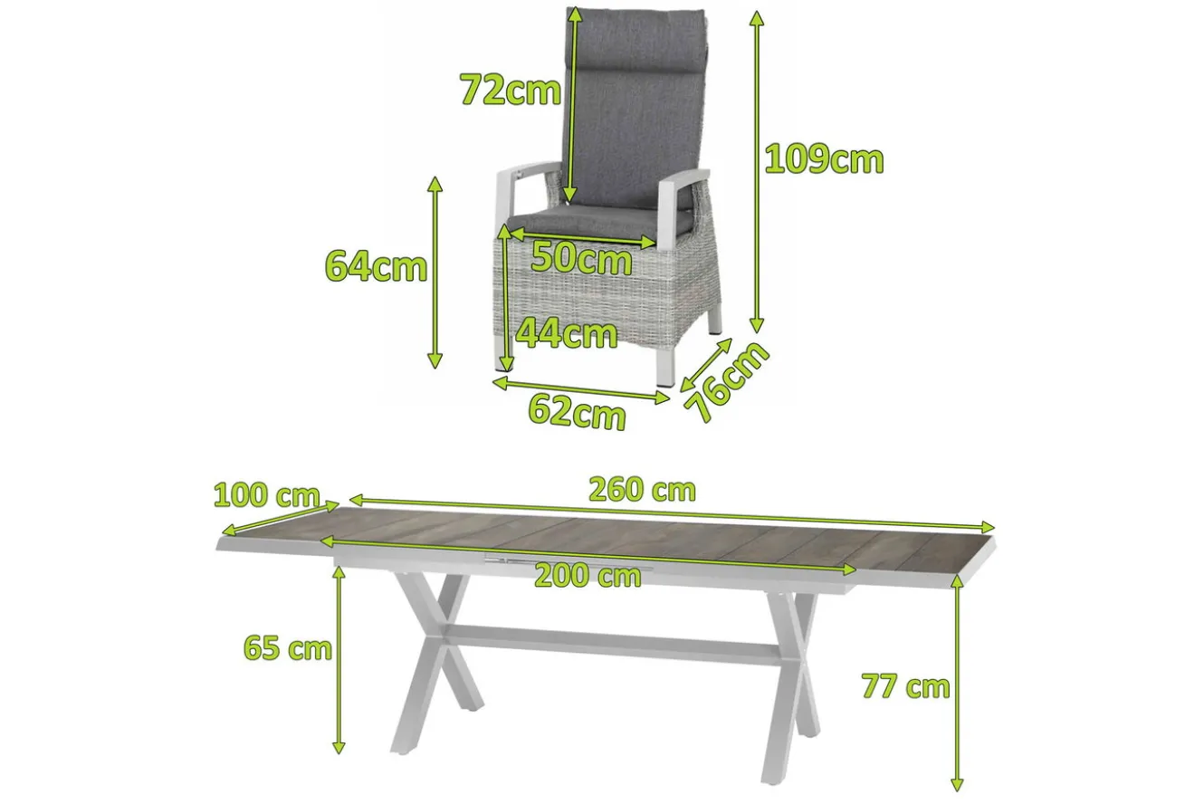 SIENA GARDEN Corido/Sincro Garten-Essgruppe, ice grey/weiß grau, Alu/Gardino®-Geflecht/Keramik, Ausziehtisch 200/260x100 cm, 6 Diningsessel