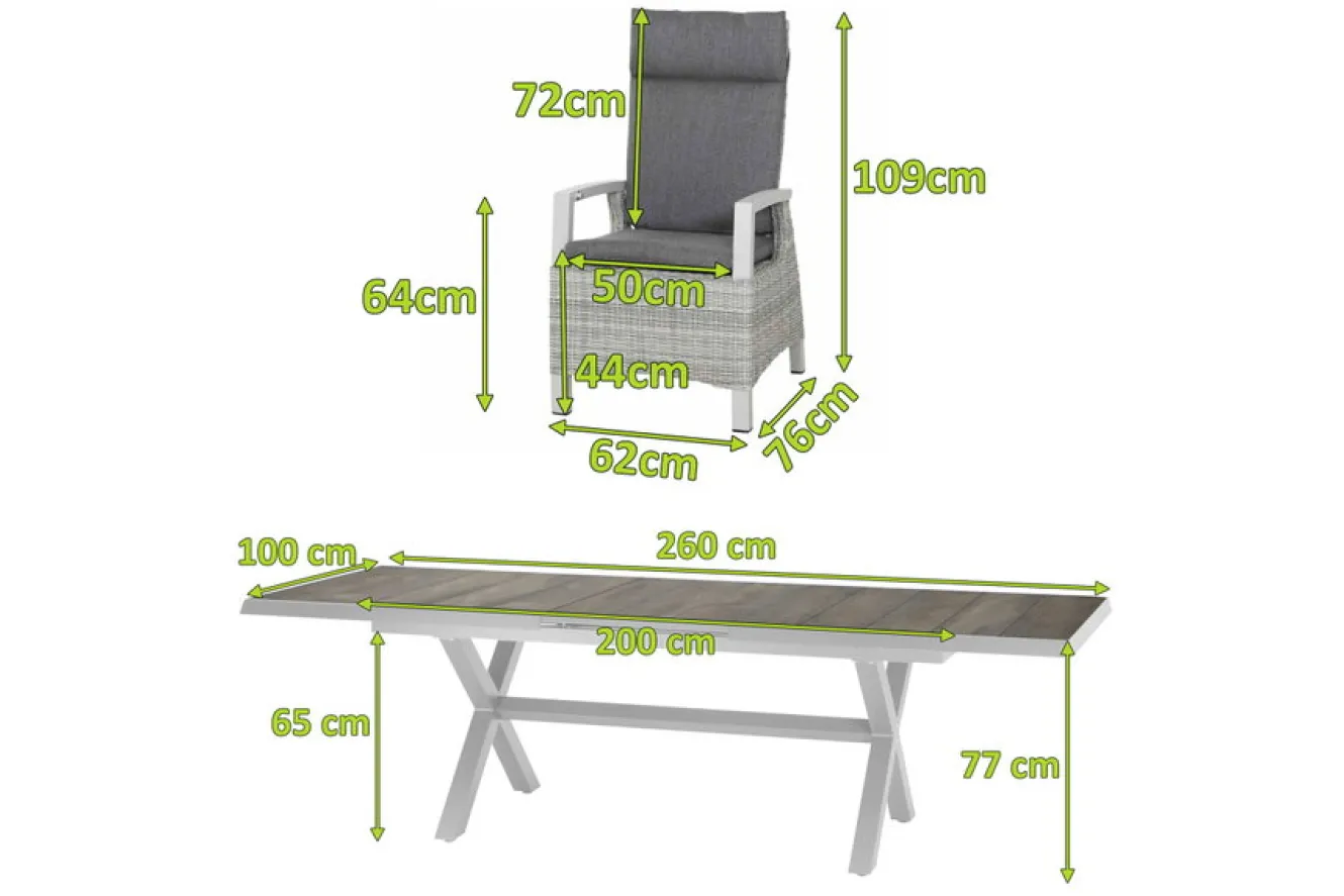 SIENA GARDEN Corido/Sincro Garten-Essgruppe, ice grey/weiß grau, Alu/Gardino®-Geflecht/Keramik, Ausziehtisch 200/260x100 cm, 6 Diningsessel