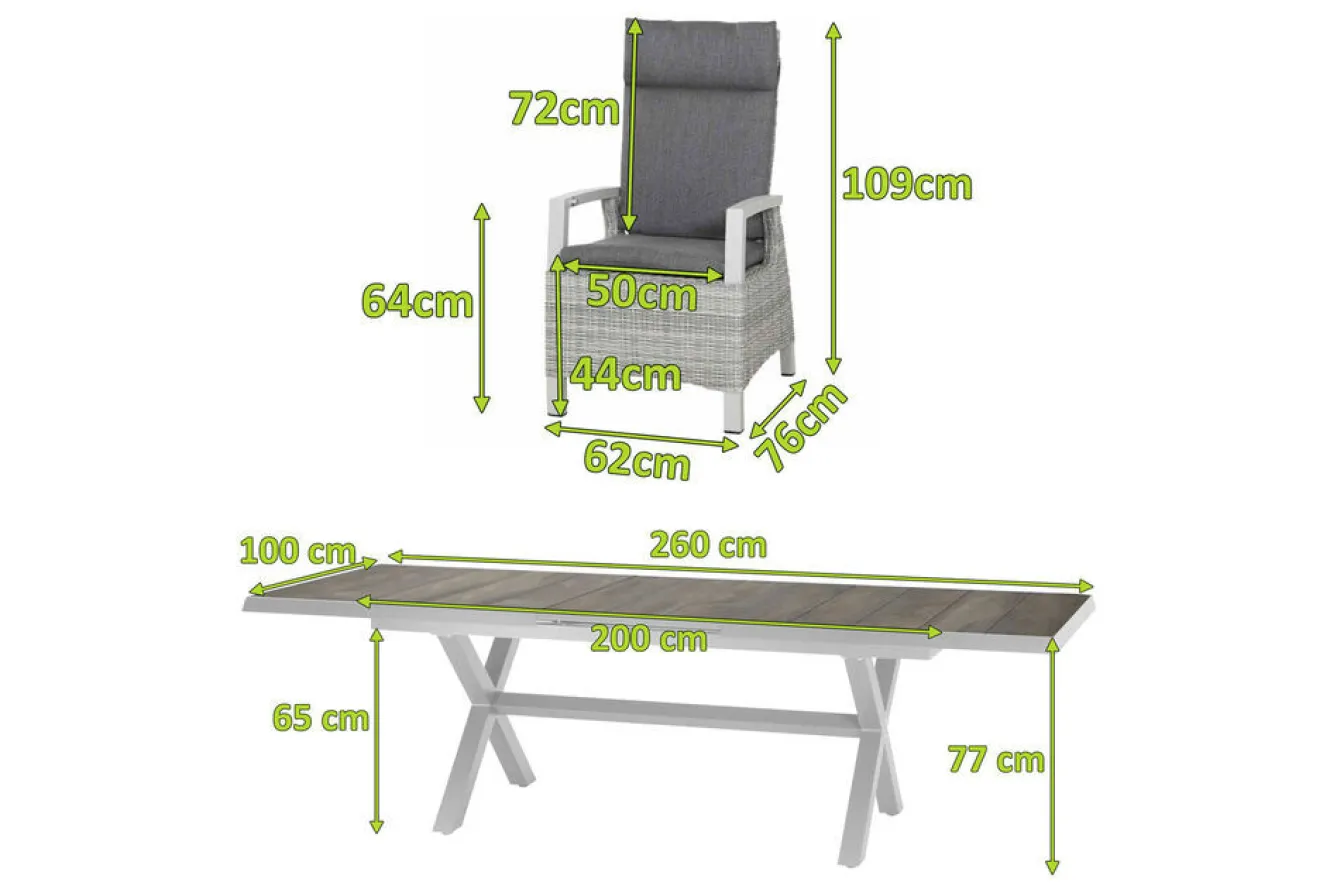 SIENA GARDEN Corido/Sincro Garten-Essgruppe, ice grey/weiß grau, Alu/Gardino®-Geflecht/Keramik, Ausziehtisch 200/260x100 cm, 8 Dining Move Sessel