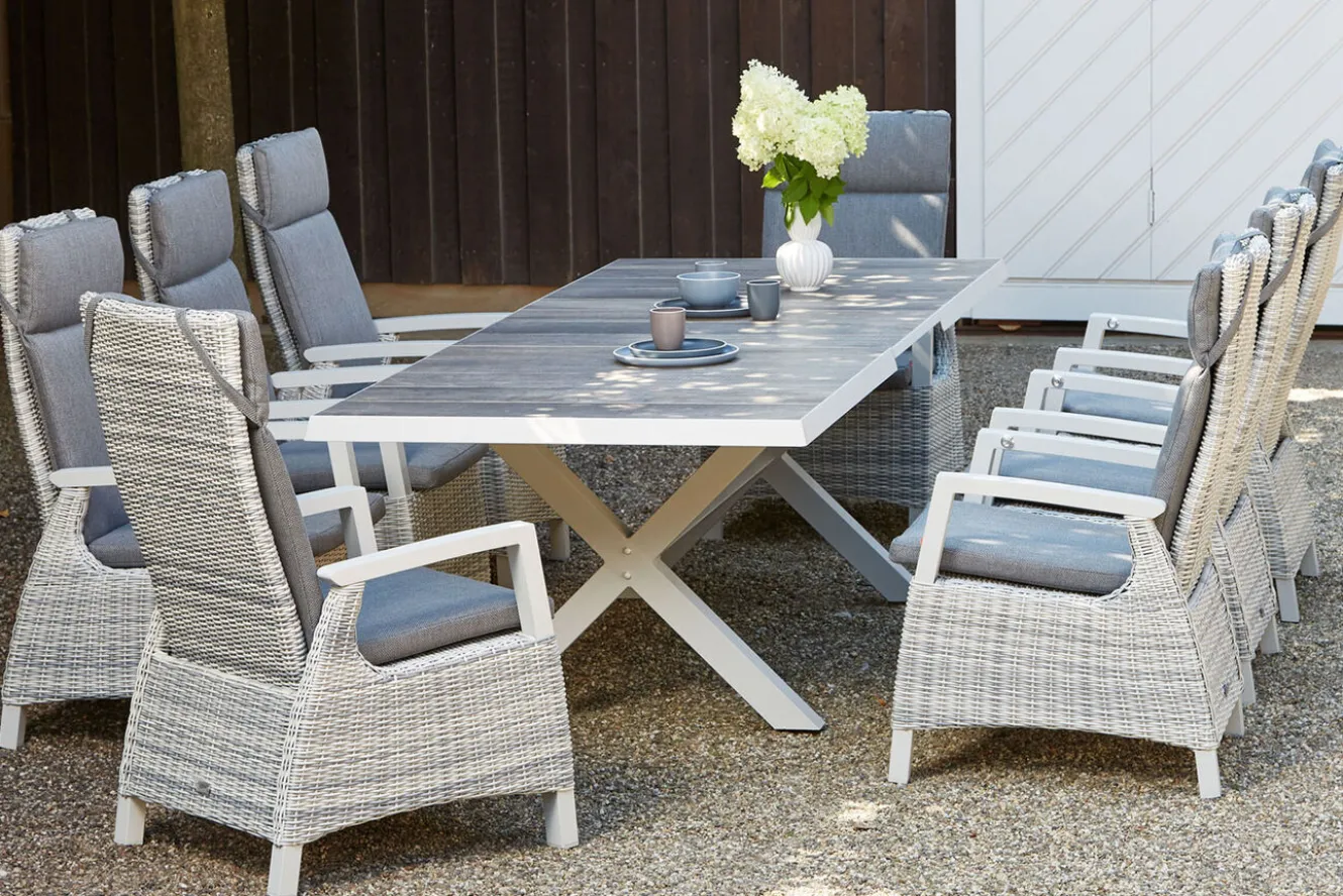 SIENA GARDEN Corido/Sincro Garten-Essgruppe, ice grey/weiß grau, Alu/Gardino®-Geflecht/Keramik, Ausziehtisch 200/260x100 cm, 8 Dining Move Sessel