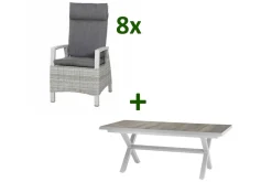 SIENA GARDEN Corido/Sincro Garten-Essgruppe, ice grey/weiß grau, Alu/Gardino®-Geflecht/Keramik, Ausziehtisch 200/260x100 cm, 8 Dining Move Sessel