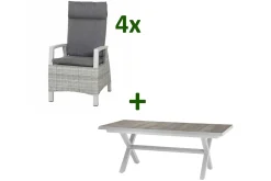 SIENA GARDEN Corido/Sincro Garten-Essgruppe, ice grey/weiß grau, Alu/Gardino®-Geflecht/Keramik, Ausziehtisch 200/260x100 cm, 4 Dining Move Sessel