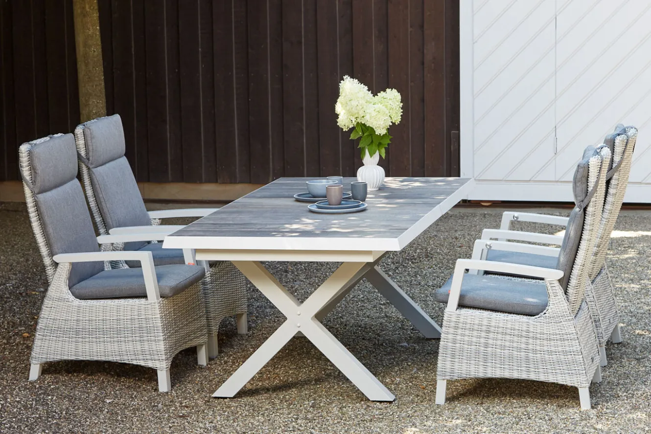 SIENA GARDEN Corido/Sincro Garten-Essgruppe, ice grey/weiß grau, Alu/Gardino®-Geflecht/Keramik, Ausziehtisch 200/260x100 cm, 4 Dining Move Sessel