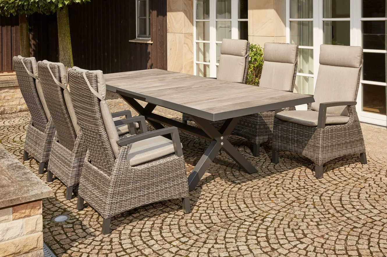 SIENA GARDEN Corido / Sincro Garten-Essgruppe, charcoal, Alu / Gardino®-Geflecht, 6 Diningsessel, Ausziehtisch 200/260 x 100 cm