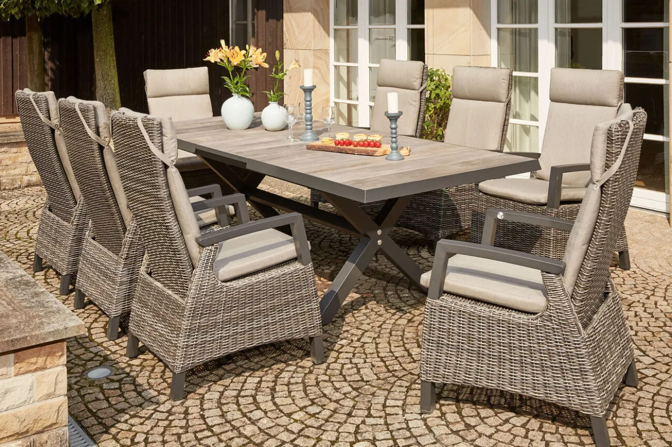 SIENA GARDEN Corido / Sincro Garten-Essgruppe, charcoal, Alu / Gardino®-Geflecht, 8 Diningsessel, Ausziehtisch 200/260 x 100 cm