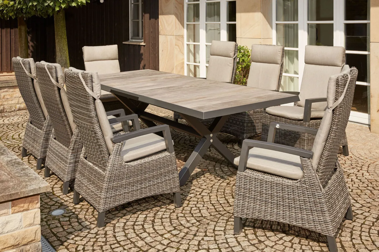 SIENA GARDEN Corido / Sincro Garten-Essgruppe, charcoal, Alu / Gardino®-Geflecht, 8 Diningsessel, Ausziehtisch 200/260 x 100 cm