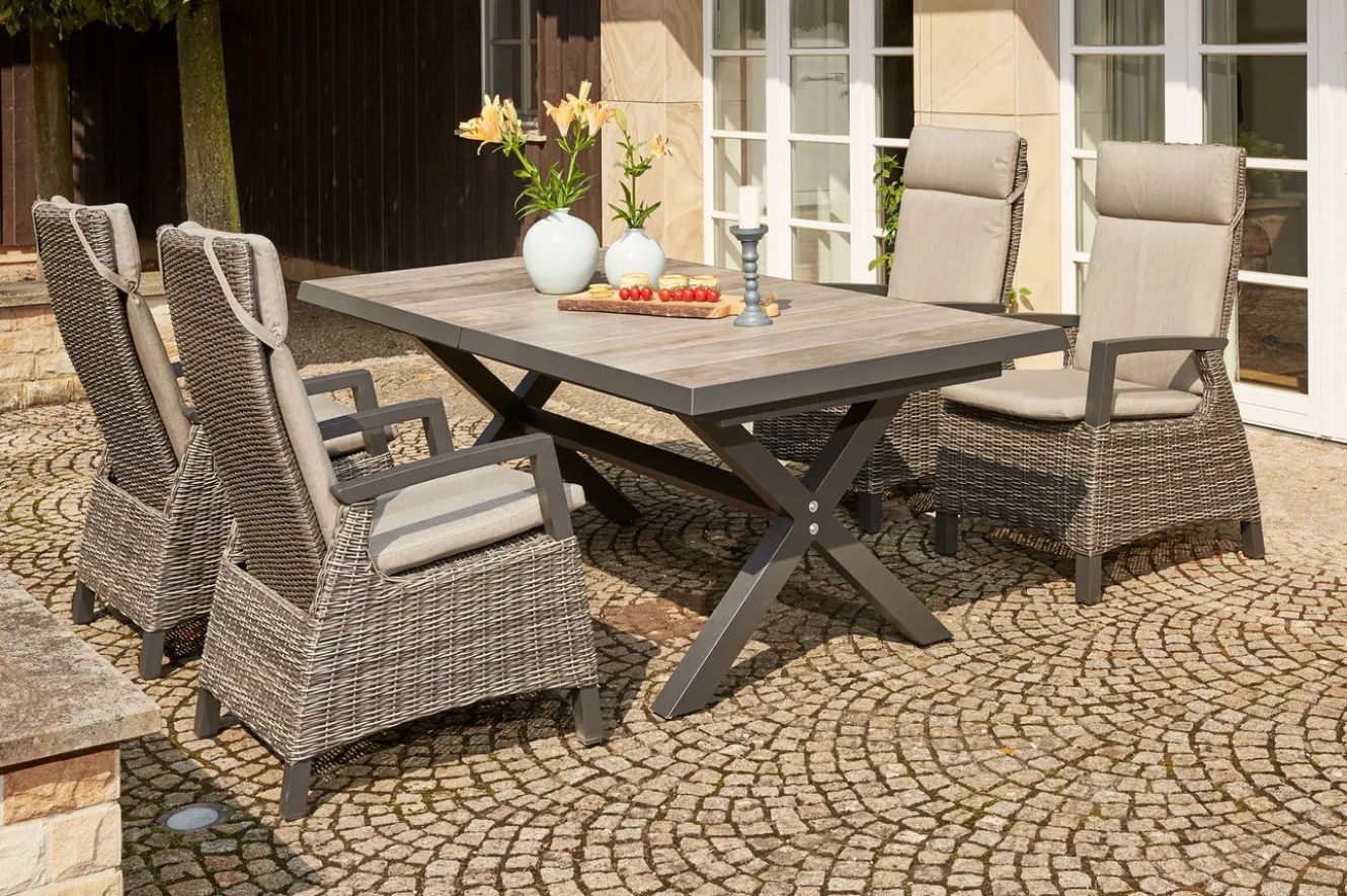 SIENA GARDEN Corido / Sincro Garten-Essgruppe, charcoal, Alu / Gardino®-Geflecht, 4 Diningsessel, Ausziehtisch 200/260x 100 cm