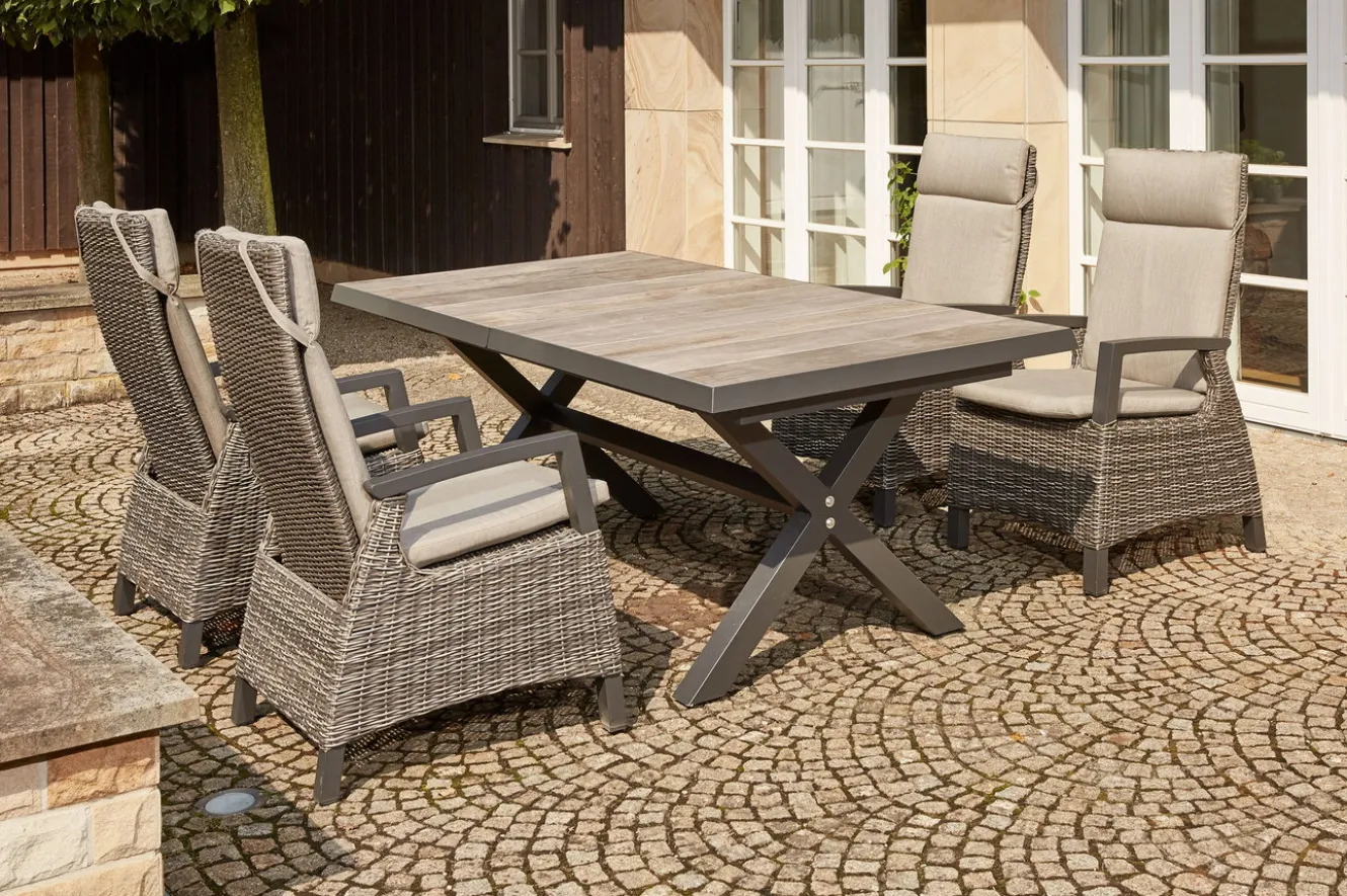 SIENA GARDEN Corido / Sincro Garten-Essgruppe, charcoal, Alu / Gardino®-Geflecht, 4 Diningsessel, Ausziehtisch 200/260x 100 cm