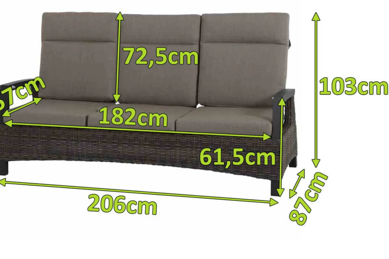 SIENA GARDEN Corido 3-Sitzer Sofa, charcoal, Alu / Gardino®-Geflecht, 206x87x103 cm, verstellb. Rückenlehnen