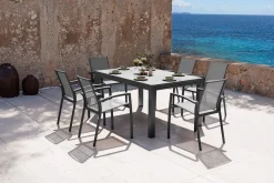 SIENA GARDEN Garten-Essgruppe, anthrazit matt, Alu/Spraystone/Ranotex, Tisch 160/260 x 100 cm, inkl. 6 Stapelsessel