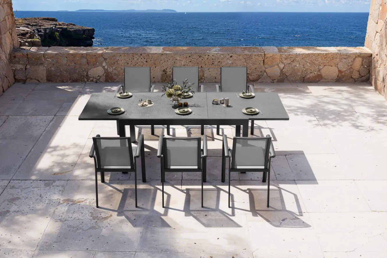 SIENA GARDEN Garten-Essgruppe, anthrazit matt, Alu/Spraystone/Ranotex, Tisch 160/260 x 100 cm, inkl. 6 Stapelsessel