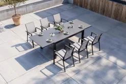 SIENA GARDEN Garten-Essgruppe, anthrazit matt, Alu/Spraystone/Ranotex, Tisch 160/260 x 100 cm, inkl. 6 Stapelsessel