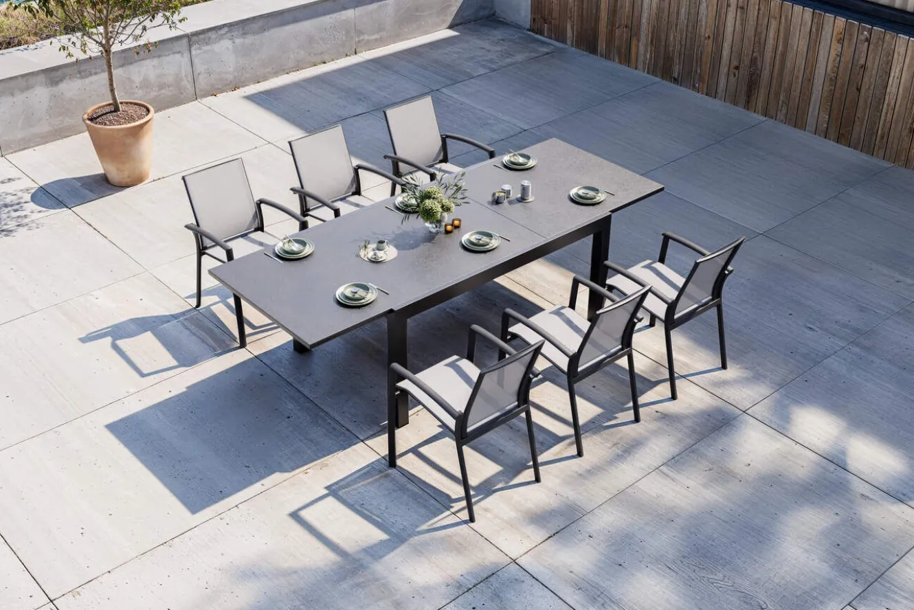 SIENA GARDEN Garten-Essgruppe, anthrazit matt, Alu/Spraystone/Ranotex, Tisch 160/260 x 100 cm, inkl. 6 Stapelsessel