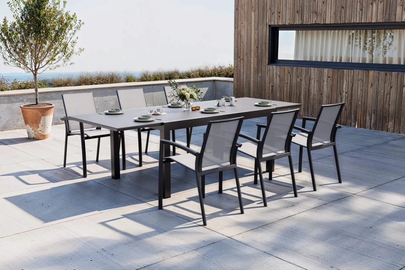 SIENA GARDEN Garten-Essgruppe, anthrazit matt, Alu/Spraystone/Ranotex, Tisch 160/260 x 100 cm, inkl. 6 Stapelsessel
