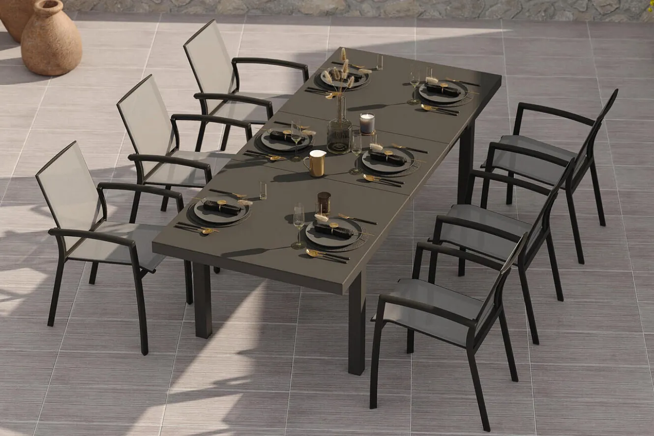 SIENA GARDEN Garten-Essgruppe, anthrazit/grau, Aluminium/Ranotex-Gewebe, Ausziehtisch 180/240 x 100 cm, inkl. 6 Stapelsessel