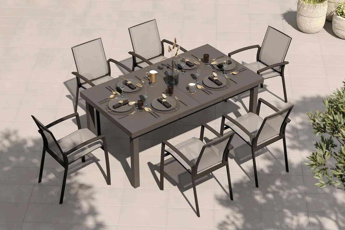 SIENA GARDEN Garten-Essgruppe, anthrazit/grau, Aluminium/Ranotex-Gewebe, Ausziehtisch 180/240 x 100 cm, inkl. 6 Stapelsessel
