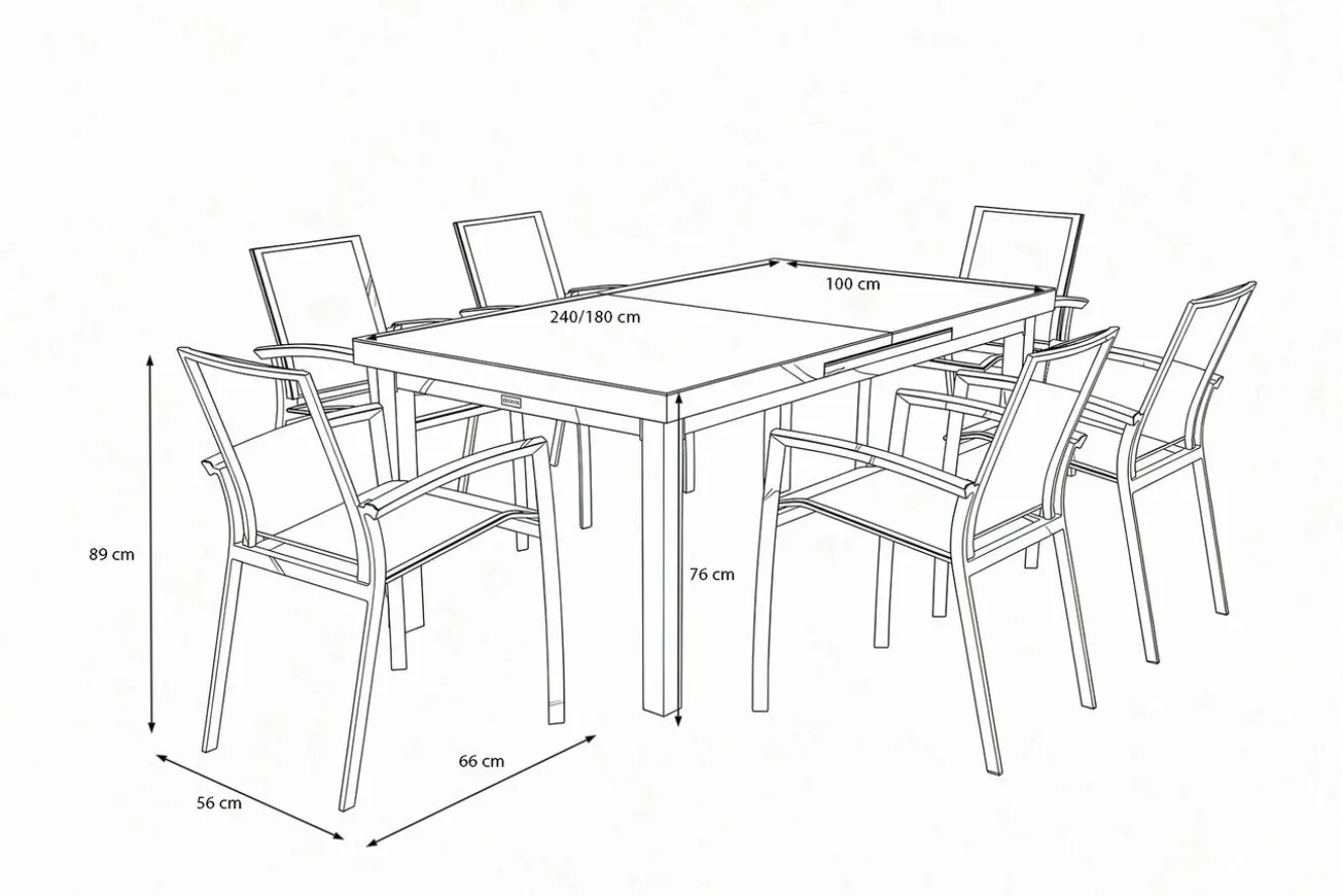 SIENA GARDEN Garten-Essgruppe, anthrazit/grau, Aluminium/Ranotex-Gewebe, Ausziehtisch 180/240 x 100 cm, inkl. 6 Stapelsessel