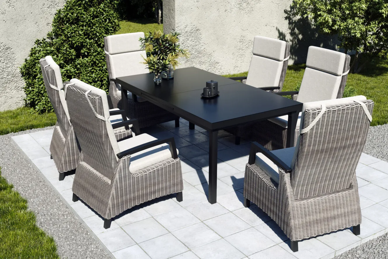 SIENA GARDEN Garten-Essgruppe, anthrazit/grau, Alu/Polyrattan, Ausziehtisch 180/240 x 100 cm, inkl. 6 Diningsessel