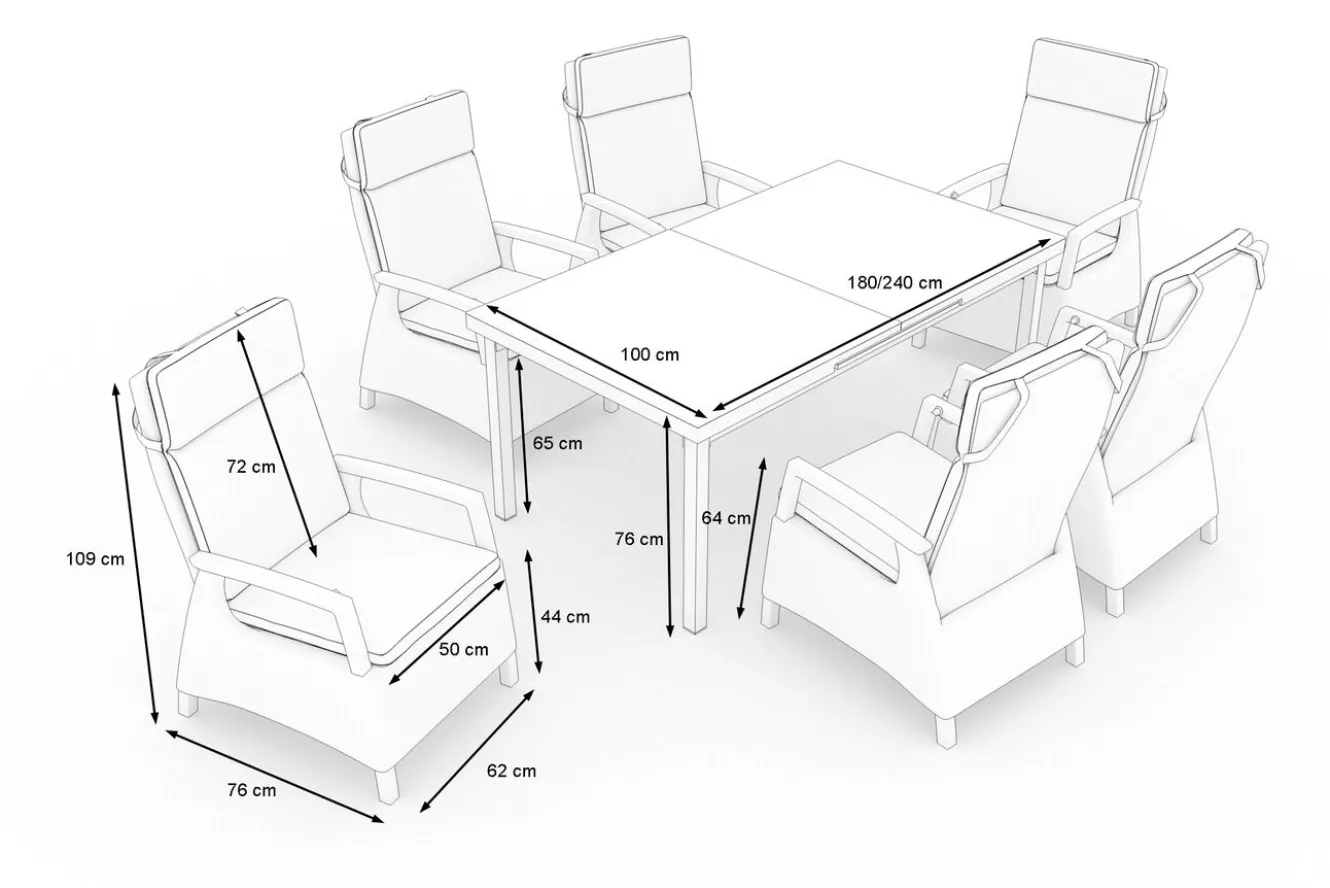 SIENA GARDEN Garten-Essgruppe, anthrazit/grau, Alu/Polyrattan, Ausziehtisch 180/240 x 100 cm, inkl. 6 Diningsessel
