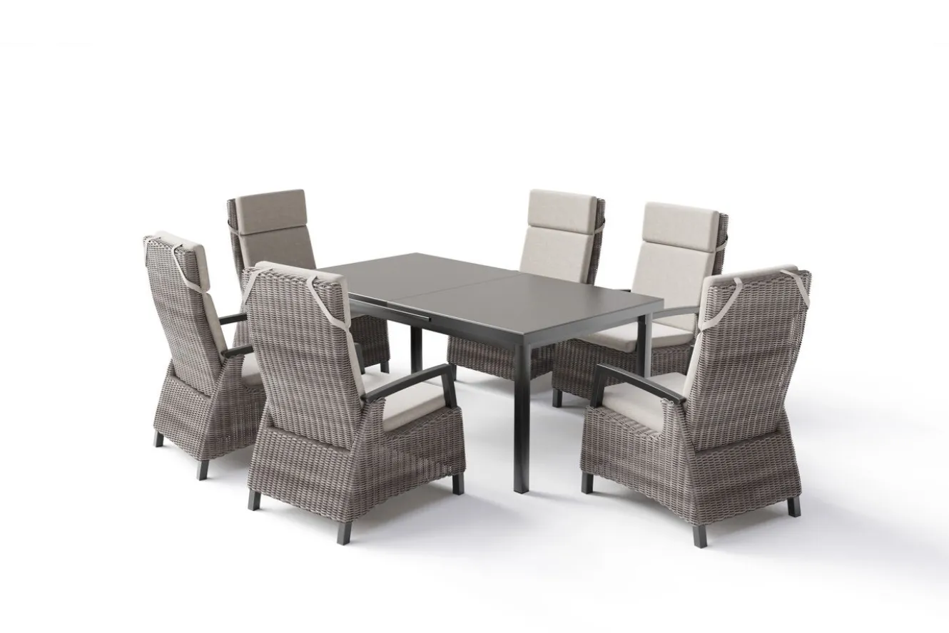 SIENA GARDEN Garten-Essgruppe, anthrazit/grau, Alu/Polyrattan, Ausziehtisch 180/240 x 100 cm, inkl. 6 Diningsessel