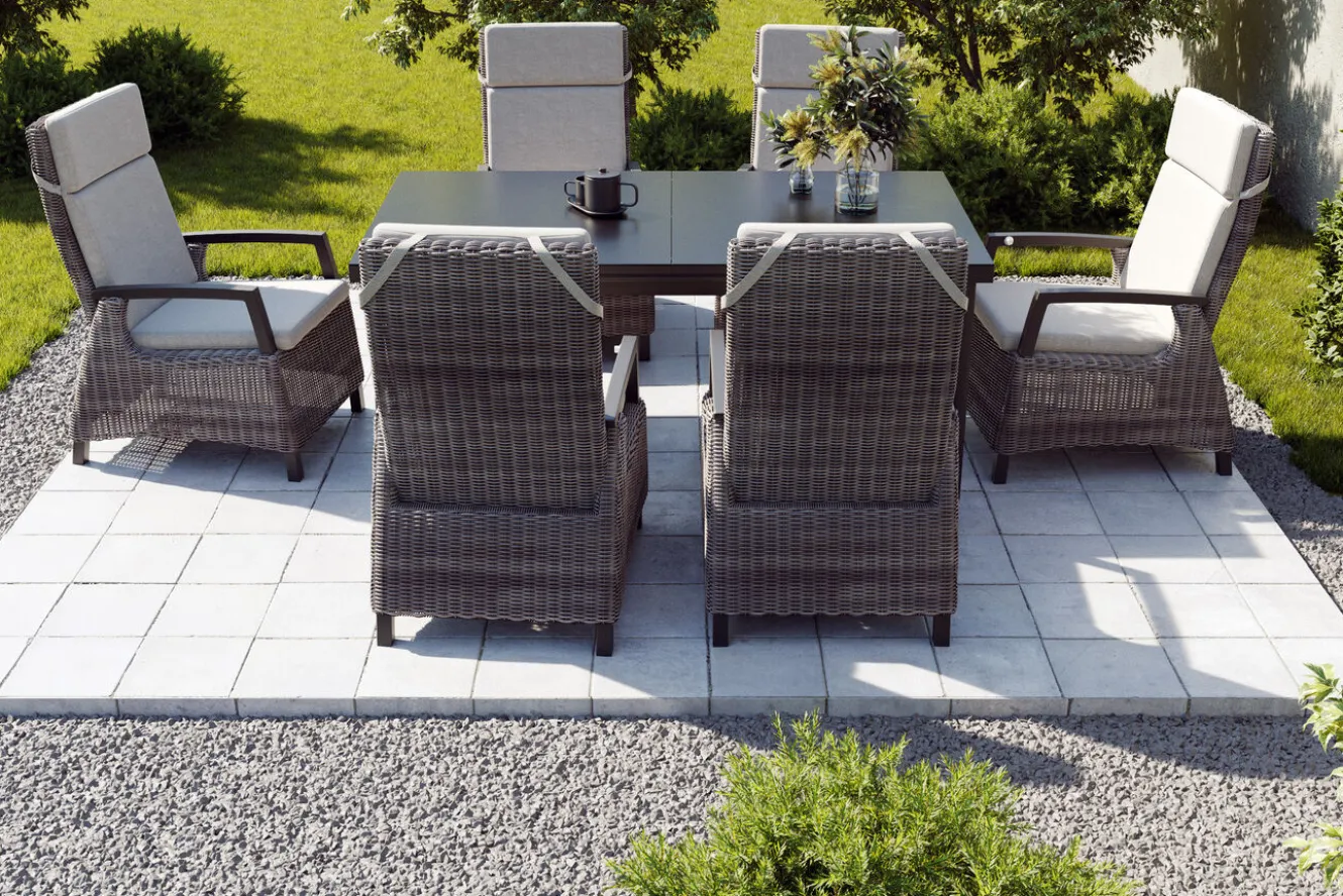 SIENA GARDEN Garten-Essgruppe, anthrazit/grau, Alu/Polyrattan, Ausziehtisch 180/240 x 100 cm, inkl. 6 Diningsessel
