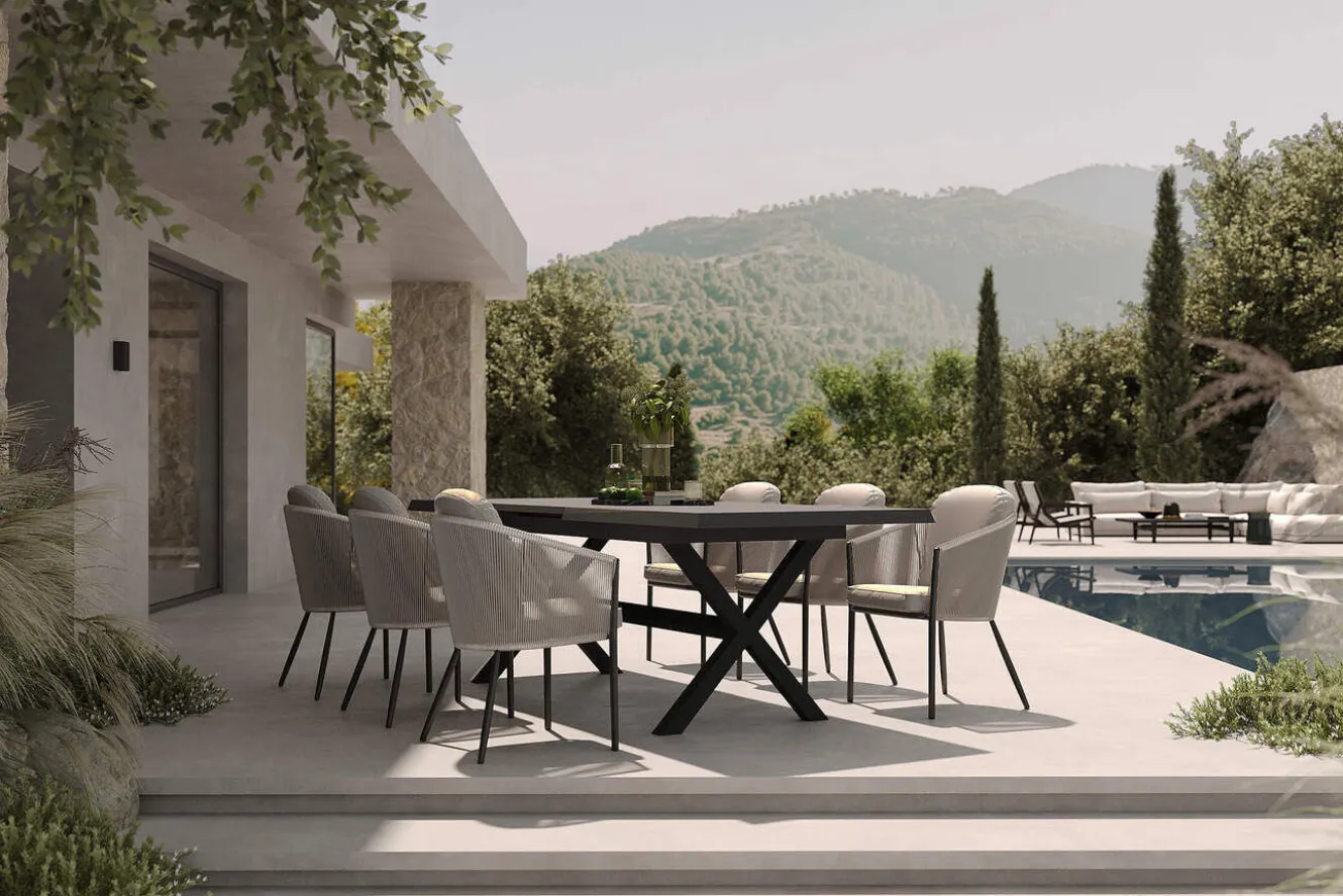 SIENA GARDEN Garten-Essgruppe, anthrazit/beige, Alu/Keramik/Rope-Geflecht, Tisch 200/265 x 100 cm, 6 Diningsessel