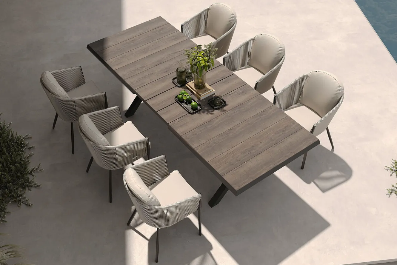 SIENA GARDEN Garten-Essgruppe, anthrazit/beige, Alu/Keramik/Rope-Geflecht, Tisch 200/265 x 100 cm, 6 Diningsessel