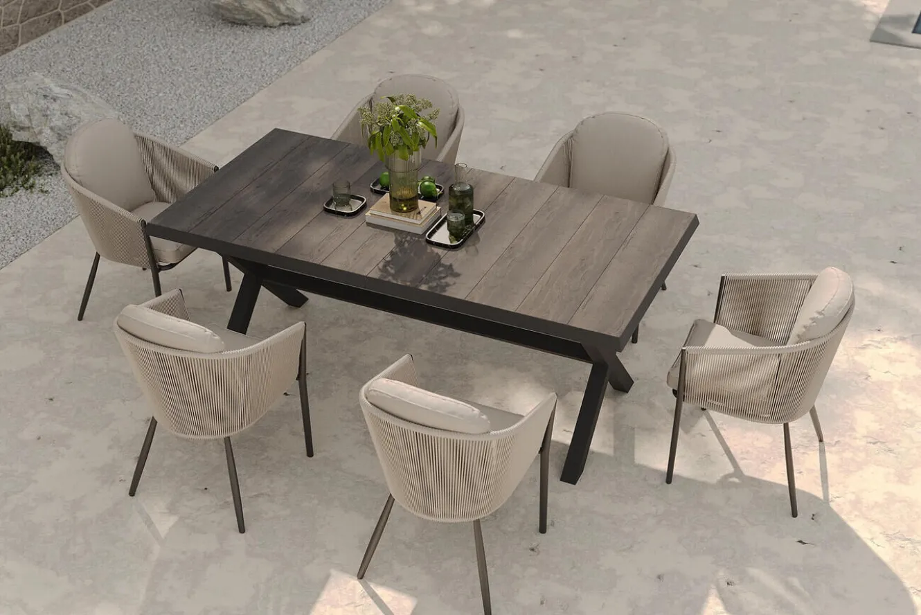SIENA GARDEN Garten-Essgruppe, anthrazit/beige, Alu/Keramik/Rope-Geflecht, Tisch 200/265 x 100 cm, 6 Diningsessel